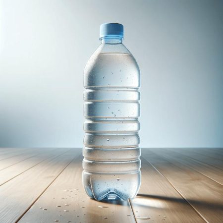 DALL·E 2023-12-09 08.25.14 - A realistic image of a clear, plastic mineral water bottle. The bottle is filled with water and has a simple, clean label. It is placed on a wooden ta