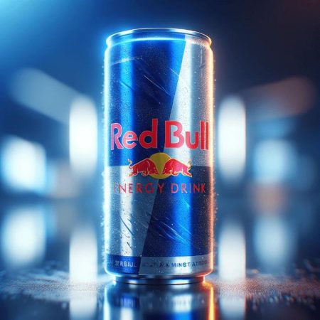 DALL·E 2023-12-09 08.35.41 - A realistic image of an aluminum can of a fictional energy drink, resembling Red Bull. The can is designed with vibrant blue and silver colors, featur